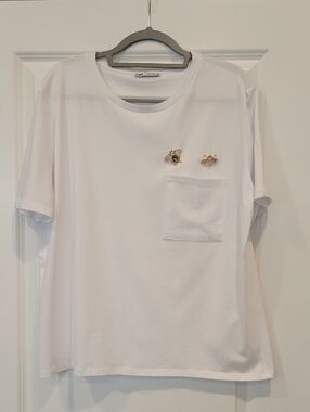 ZARA Women's White Bejeweled Pocket TEE Size XL